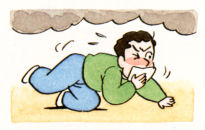 (イラスト)煙の中を逃げるときは、できるだけ体勢を低くして