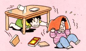 (イラスト)テーブル下などに隠れる