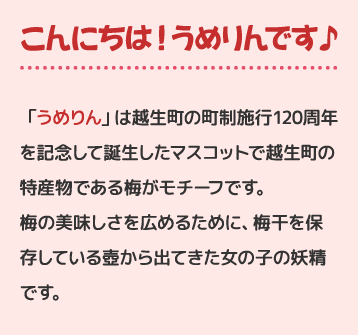 こんにちは！うめりんです♪ 「うめりん」は越生町の町制施行120周年を記念して誕生したマスコットで越生町の特産物である梅がモチーフです。梅の美味しさを広めるために、梅干を保存している壺から出てきた女の子の妖精です。